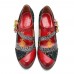 Genuine Leather Hook & Loop Comfy Retro Colorblock Floral Decor Mary Jane Heels