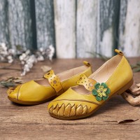 Vintage Handmade Soft Leather Floral Hook Loop Strap Slip on Flat Shoes