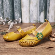 Vintage Handmade Soft Leather Floral Hook Loop Strap Slip on Flat Shoes