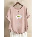Vintage Women Daisy Print Buttons Short Sleeve Irregular Hem Blouse