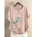 Vintage Women Daisy Print Buttons Short Sleeve Irregular Hem Blouse