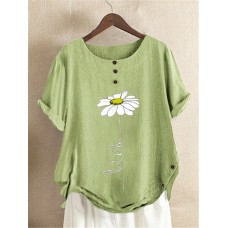 Vintage Women Daisy Print Buttons Short Sleeve Irregular Hem Blouse