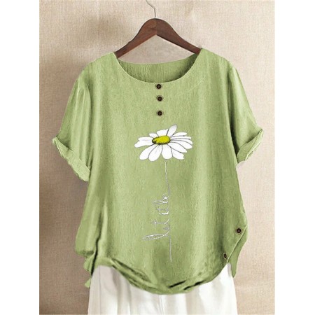 Vintage Women Daisy Print Buttons Short Sleeve Irregular Hem Blouse