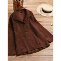 Women Corduroy Solid Color Vintage Side Pockets Buttons Lapel Long Sleeve Casual Shirts