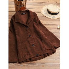 Women Corduroy Solid Color Vintage Side Pockets Buttons Lapel Long Sleeve Casual Shirts