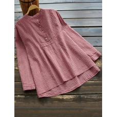 Women Long Sleeve Plaid Buttons Stand Collar Vintage Blouse