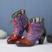 Genuine Leather Splicing Woolen Design Floral Colorblock Side-zip Comfy Chunky Heel Short Boots