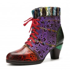 Genuine Leather Splicing Woolen Design Floral Colorblock Side-zip Comfy Chunky Heel Short Boots